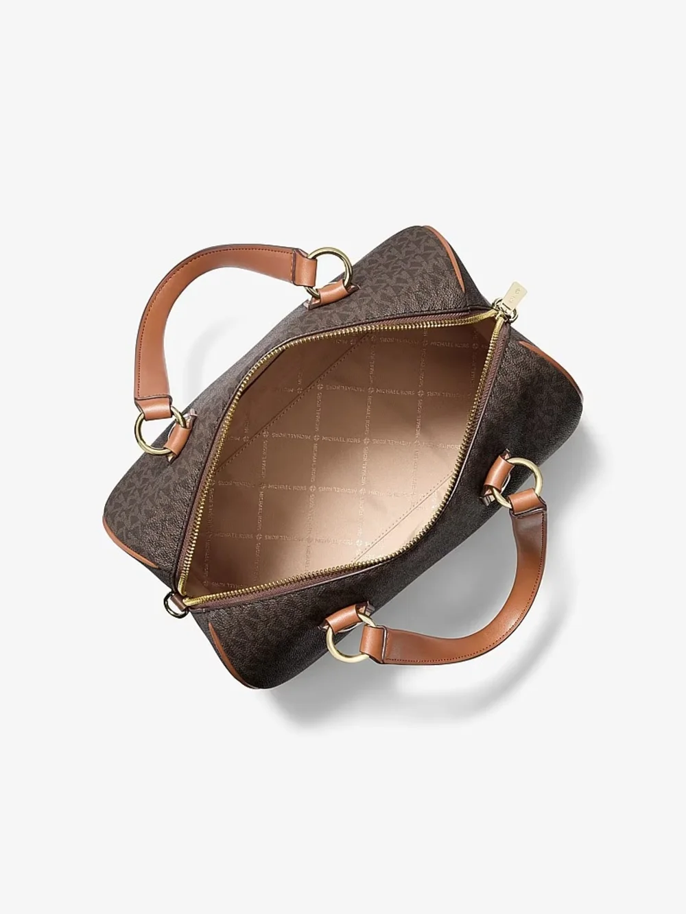 Michael Kors Brown Logo-Print Satchel with Tan Trim